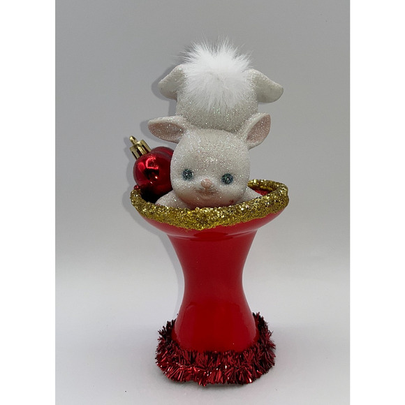 Vintage Tumbling Bunny Red Ceramic Pedestal Heart Dish Gold Valentines Day OOAK - Picture 3 of 16